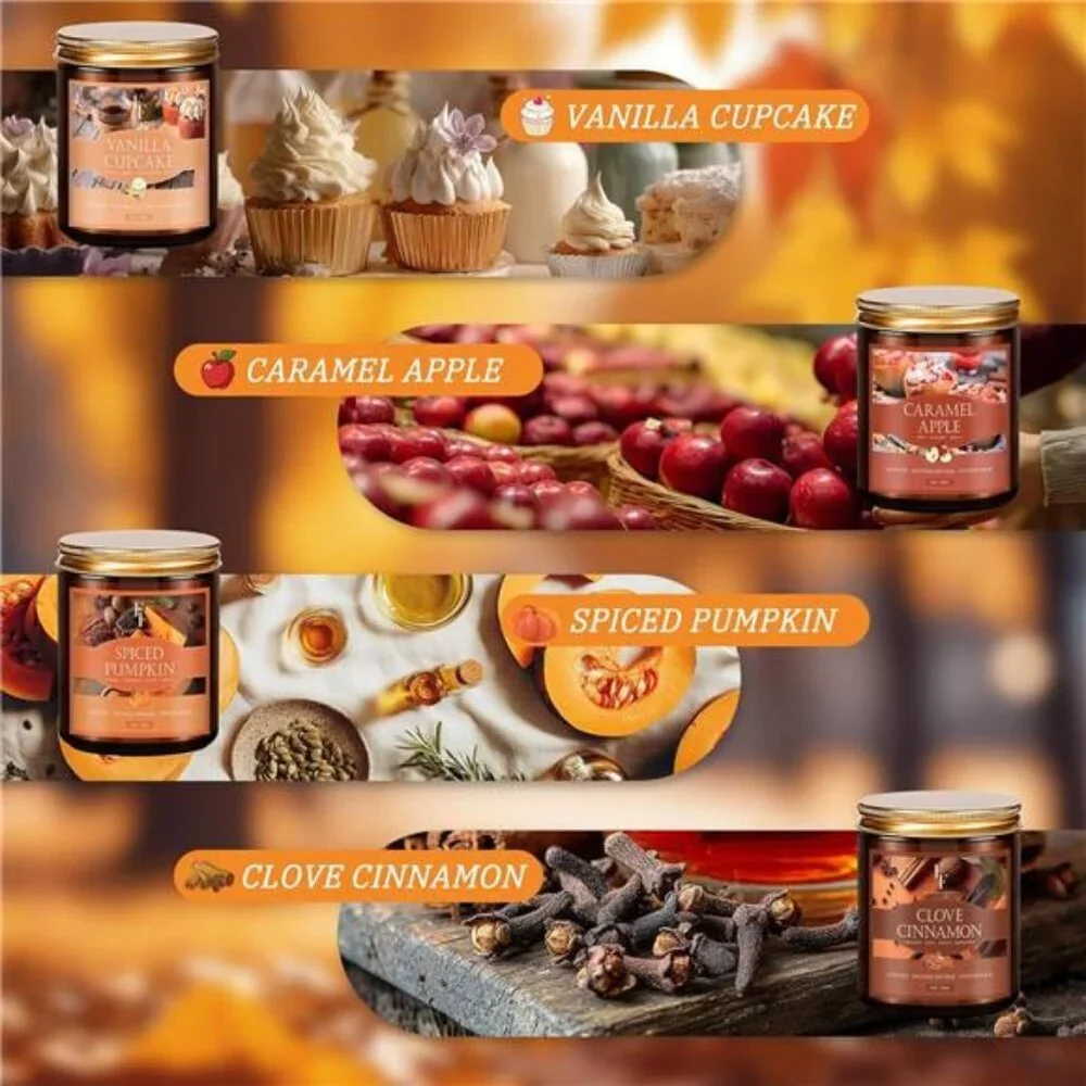 Fall Candle Set 4 Pack Scented Soy Wax Autumn Home Decor Pumpkin Cinnamon Vanill